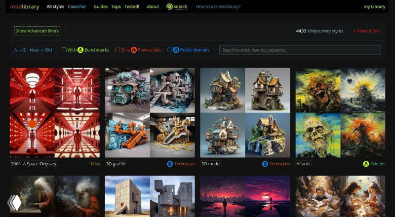 Скриншот интерфейса Midlibrary: сетка миниатюр с примерами стилей, навигационная панель и заголовки стилей для Midjourney, демонстрация вариантов арта.
