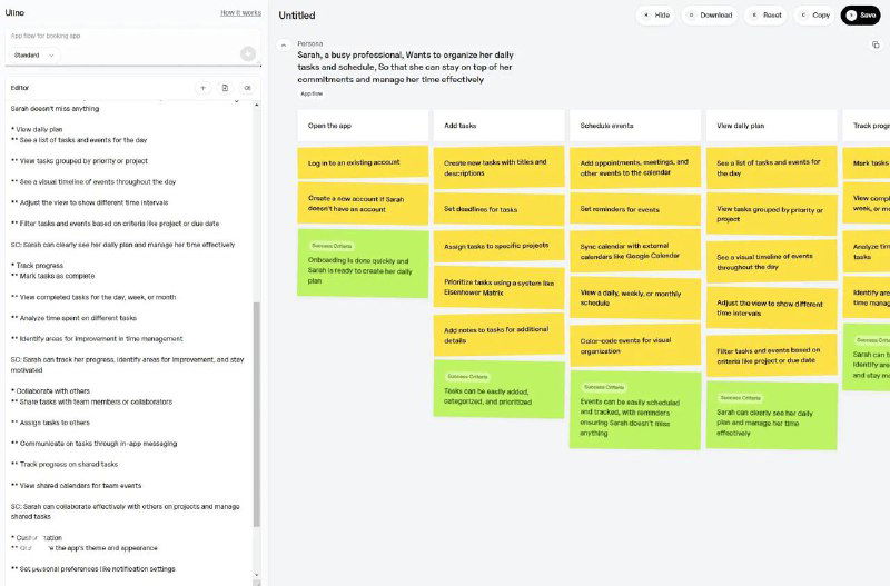 Скриншот интерфейса Uiino: рабочее поле с элементами схемы user story и примерами markdown‑входа для автоматической генерации диаграмм.