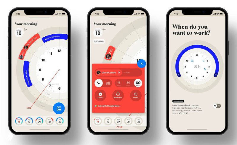 Три экрана мобильного приложения Kyugo с круговым циферблатом планирования: разноцветные сектора задач, отметки встреч и визуализация свободного времени на интерфейсе.