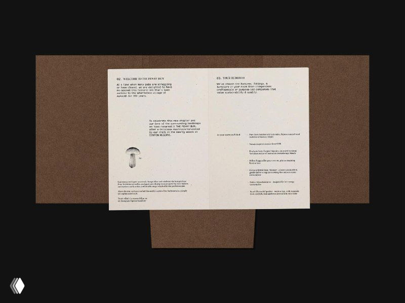 Разворот фирменного буклета на крафтовом фоне с описанием концепции и минимальными иллюстрациями грибов в айдентике.