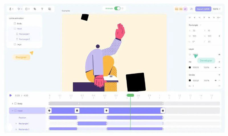 Скриншот интерфейса Lottielab — браузерный редактор с векторной иллюстрацией, панелью слоёв и таймлайном для Lottie-анимаций