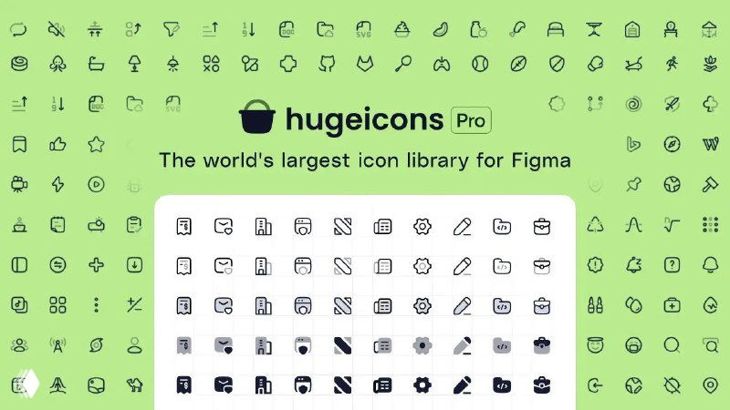 Изображение Hugeicons Pro: салатовый фон, множество иконок в пяти стилях и окно плагина для Figma, отметка 25 000+.