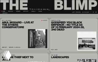 Скриншот сайта The Blimp: монохромный макет с крупным логотипом, модульными блоками контента и выразительной контрастной типографикой.
