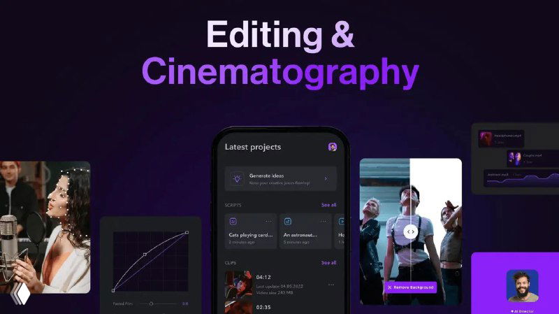 Скриншот интерфейса приложения Captions на фиолетовом фоне: мобильный интерфейс, панели цветокоррекции и монтажные инструменты, демонстрирующие возможности ИИ-обработки видео и аудио.