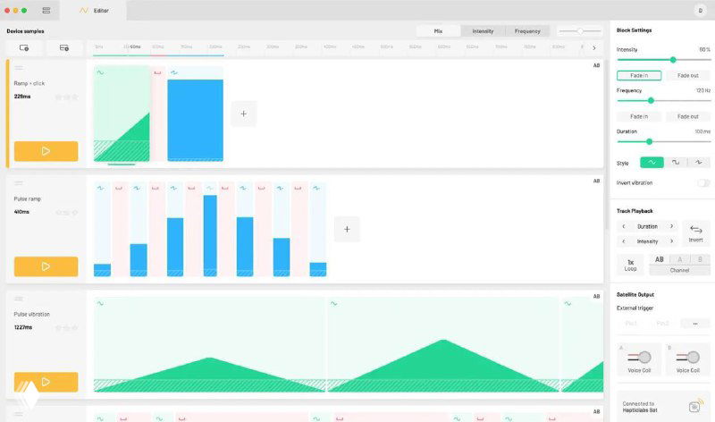 Скриншот интерфейса Hapticlabs: панель с графиками и элементами управления для создания и тестирования виброэффектов на устройствах
