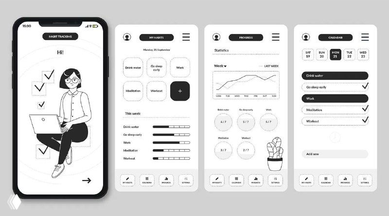 Чёрно‑белые прототипы мобильного интерфейса: несколько экранов в серых оттенках с элементами управления, графиками и иконками, демонстрирующие макет без цветовой палитры.
