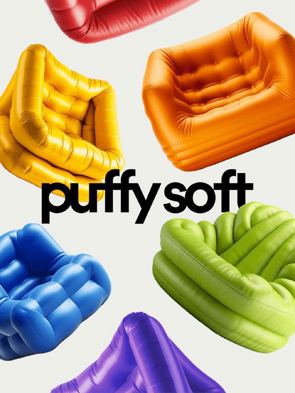 Рекламное изображение PuffySoft: разноцветные надувные кресла, составленные группой на белом фоне с логотипом бренда в центре.