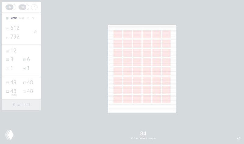 Скриншот интерфейса Gridder: холст с модульной сеткой розовых ячеек и панель настроек слева для колонок и отступов.