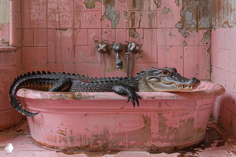 Аллигатор, лежащий в розовой старой ванне в заброшенной ванной комнате: облупившаяся розовая плитка, ржавые краны и следы влаги на стенах.