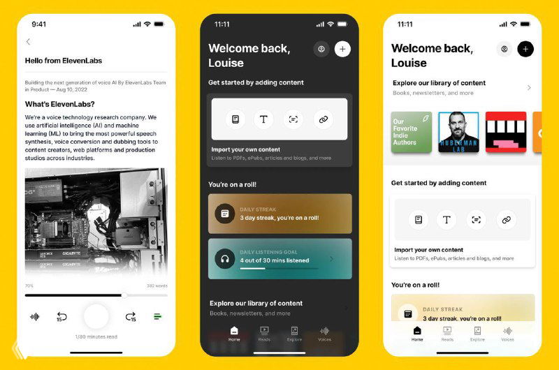 Скриншоты iOS‑приложения Reader by ElevenLabs: пример страницы с текстом, выбор реалистичных голосов и библиотека озвучек.