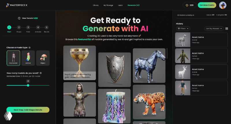 Скриншот интерфейса Masterpiece X: тёмная панель с миниатюрами сгенерированных 3D-моделей, превью и элементами управления генерацией прототипов