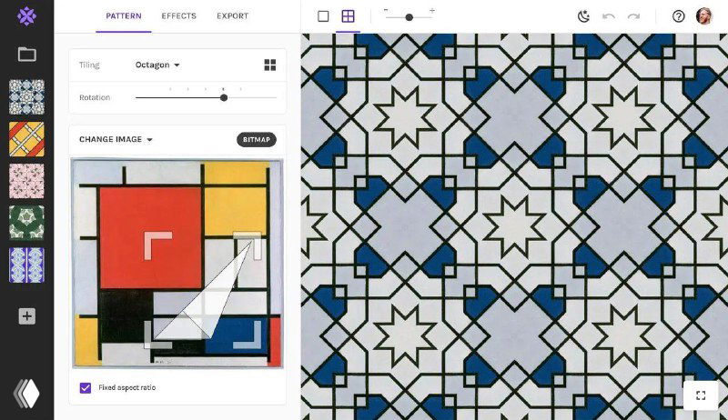 Скриншот интерфейса Repper: слева панель инструментов и подборки, в том числе фотобанк, справа превью бесшовного паттерна.