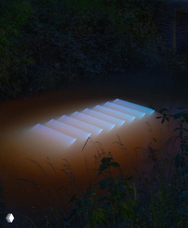 Подсвеченная ступенчатая конструкция, частично погружённая в воду — ночная сцена инсталляции Лахлана Турчана с мягким светом над водой.