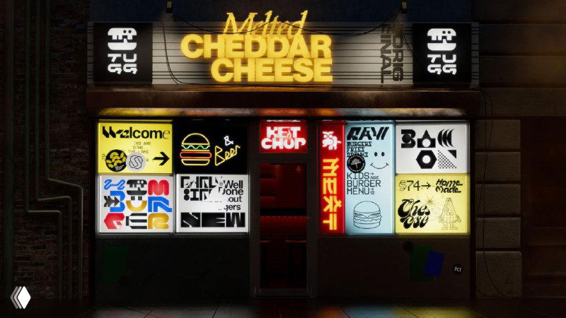 Фасад магазина с яркими неоновыми вывесками и панелями с разной кастомной типографикой — пример наружной айдентики для сети Tugg.