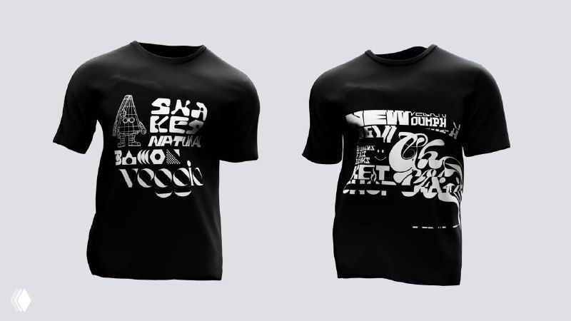 Две черные футболки с крупной белой декоративной типографикой и графическими элементами — мерч в стилистике бренда Tugg.