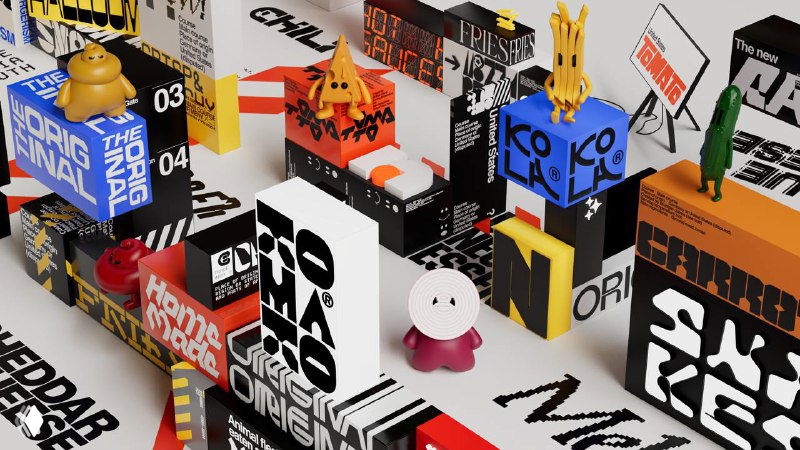 Компоновка брендированных упаковочных кубов и фирменных блоков с разнородной типографикой и 3D‑элементами — модульная система айдентики.