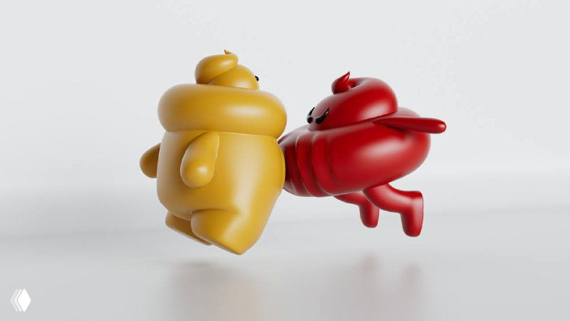 Рендеры двух забавных 3D‑персонажей-жетонов в яркой пластиковой фактуре — декоративный элемент айдентики и анимаций для Tugg.