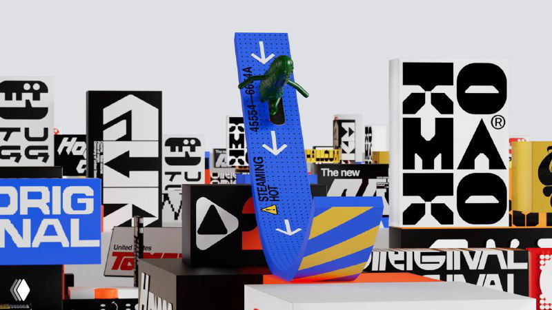 Композиция брендированных объектов и коробок с крупными стрелками и фирменными графическими метками — модульность визуальной системы Tugg.