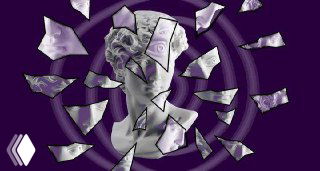 Классический бюст, рассыпающийся на осколки на фиолетовом фоне с летающими купюрами — метафора когнитивных искажений.