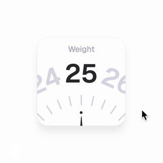 Квадратный элемент интерфейса с циферблатом веса и крупным числом 25 в центре; тонкая шкала вокруг и курсор на светлом фоне, пример анимации.