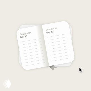 Открытая карточка-записная книжка с двумя страницами и датами 'September Day 18/19'; линии для заметок и курсор — пример анимации переворота.