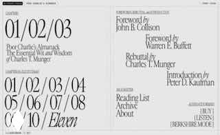 Скриншот веб-версии книги 'Poor Charlie’s Almanack' — разворот с типографикой и 3D-графикой и винтажными материалами