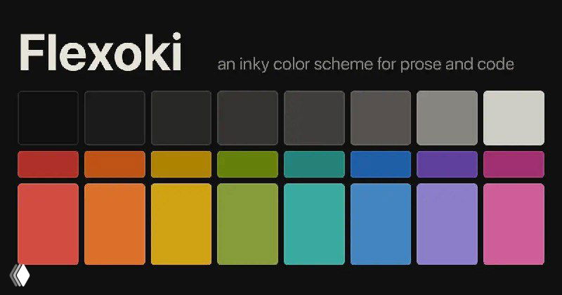Палитра Flexoki на тёмном фоне: сетка мягких аналоговых оттенков и цветовых блоков, пример применения в интерфейсном дизайне.