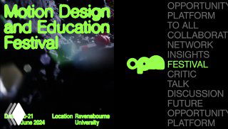 Слайд с заголовком Motion Design and Education Festival и зелётым логотипом OPN на тёмном фоне — пример промо‑визуала и верстки для фестиваля.