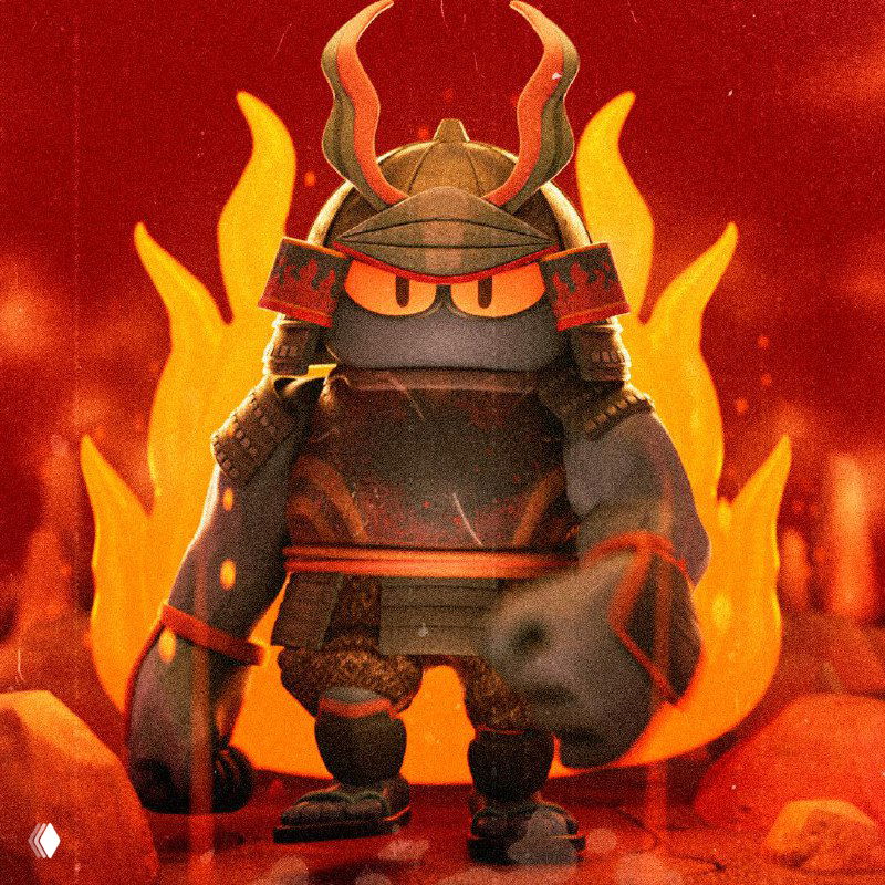 3D-иллюстрация: игрушечный самурай в доспехах на красном фоне, окружён огнём; мягкая текстура, кинематографичный свет и зернистая фактура
