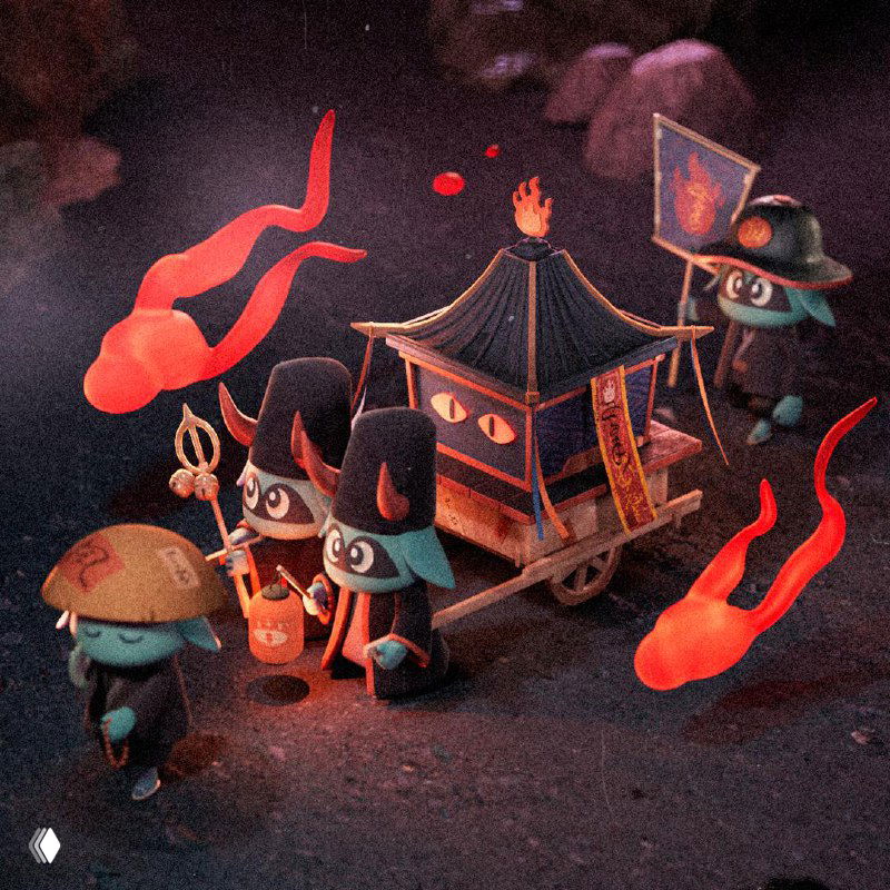 Миниатюрные персонажи несут паланкин на тёмном фоне, вокруг парят абстрактные огненные формы; тёплая палитра, сказочная атмосфера и детализированная композиция