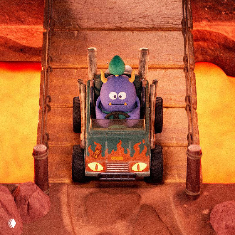 Фиолетовый персонаж за рулём миниатюрной машины на фоне лавы; карикатурная 3D-модель, насыщенные цвета и детализированная мини-сцена с текстурами