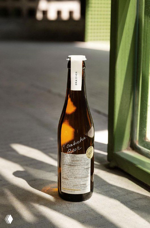 Одна бутылка Brain+er стоит на полу у зелёного окна; видно крупную текстовую этикетку с подробной информацией и аккуратный белый леттеринг на стекле.