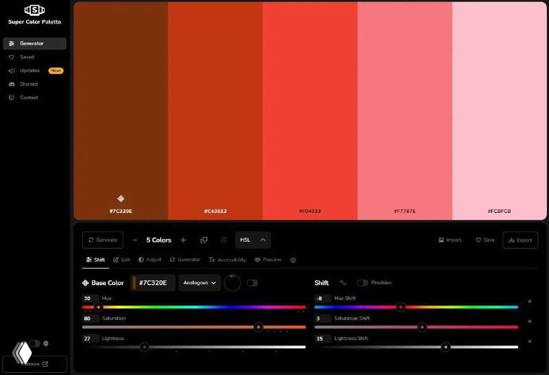 Интерфейс Super Color Palette: палитра цветовых полос, настройки HSL/HWB/LCH и панели проверки доступности цветов.