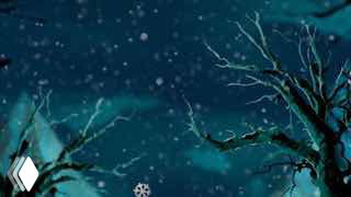 Крупный кадр из анимации «The Snowball»: заснеженный ночной пейзаж, падающие снежинки, голые деревья и мрачная нарастающая атмосфера.