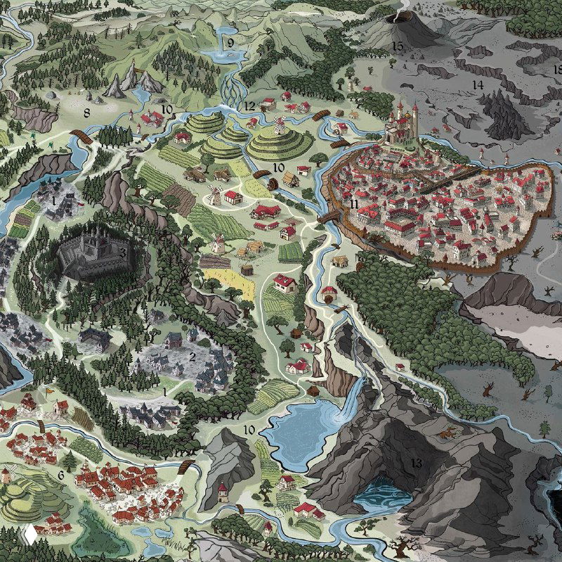 Широкий фрагмент фентезийной карты: леса, реки, горы, озёра и поселения, множество мелких деталей для рассматривания.