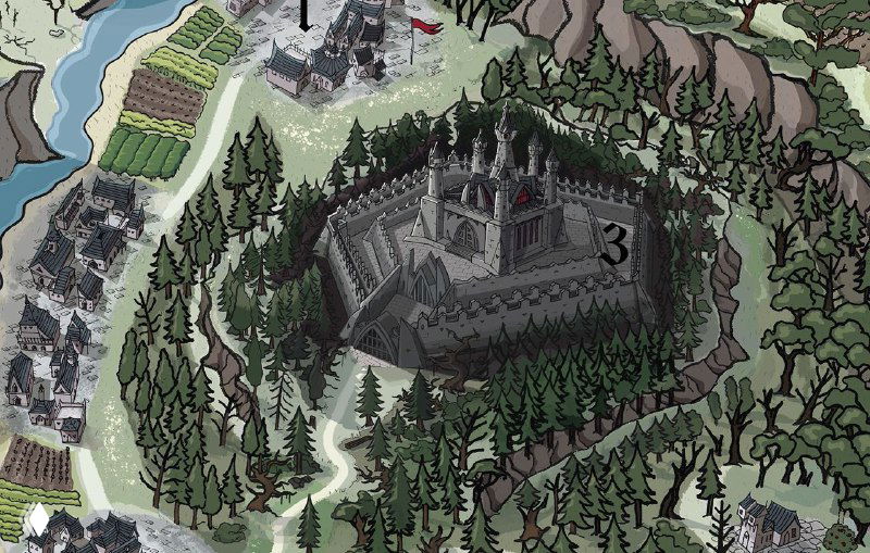 Крупный фрагмент карты с замком на возвышенности: каменные стены, башни и окружающий лес, тонкая штриховка и текстура иллюстрации.