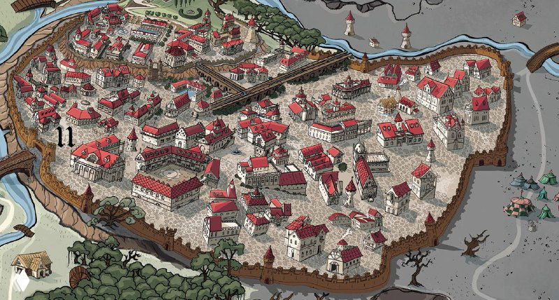 Детализированный фрагмент города с красными крышами, узкими улицами и каменной стеной; показывает масштаб мелких архитектурных элементов.