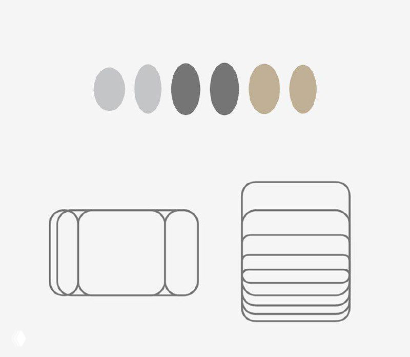 Минималистичная иллюстрация: палитра серо‑бежевых кружков и схематичные прямоугольники, показывающие группировку форм.