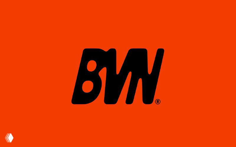 Чёрный логотип BVN на ярко‑оранжевом фоне — минималистичный знак и типографика, ключевой элемент айдентики музыкального дуэта в стиле хаус.