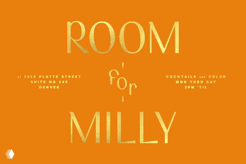 Оранжевый промопостер с золотым логотипом ROOM for MILLY на ярком фоне; контрастный фирменный цвет и монументальная типография в айдентике.