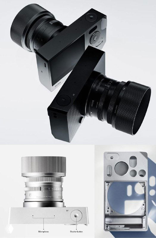 Две компактные цифровые камеры Sigma BF со снятыми крышками и крупными цельнометаллическими алюминиевыми объективами на белом фоне.