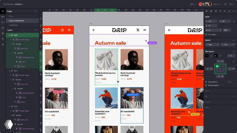 Скриншот интерфейса Moio: несколько artboard'ов и мобильных макетов в браузерном редакторе, видны панели слоёв и свойства элементов.