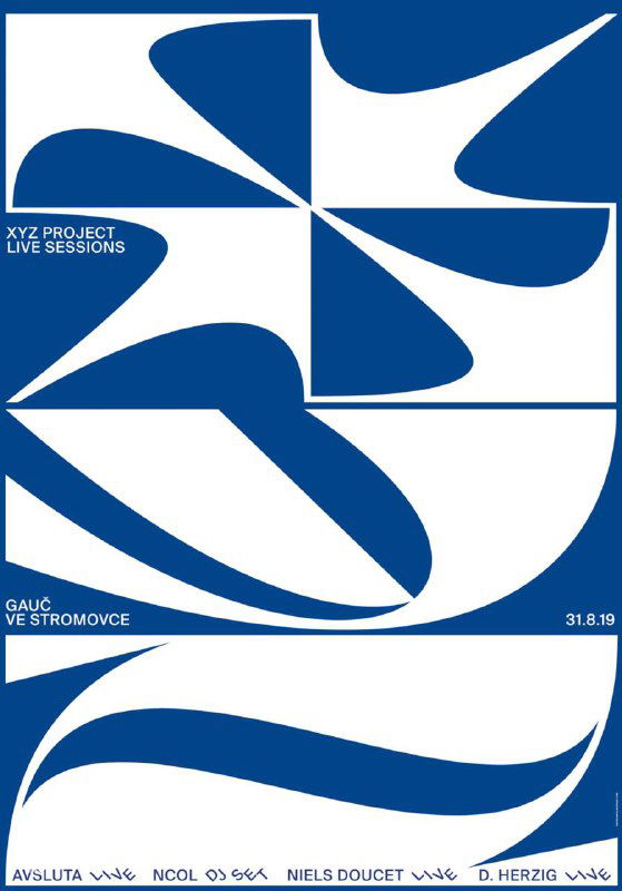 Сине‑белый абстрактный плакат с крупными изломанными формами; пример минималистичной типографики и графического эксперимента Моравеца в плакатном дизайне.