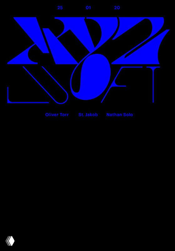 Темно‑синий и черный плакат с плотной контрастной типографикой и абстрактными формами; эксперимент с формой букв и негативным пространством.