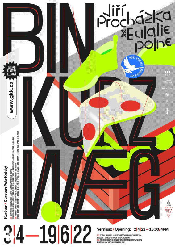 Плакат с крупными буквами и коллажными элементами, яркие зеленые и красные акценты на светлом фоне; динамичная композиция в плакатной типографике.