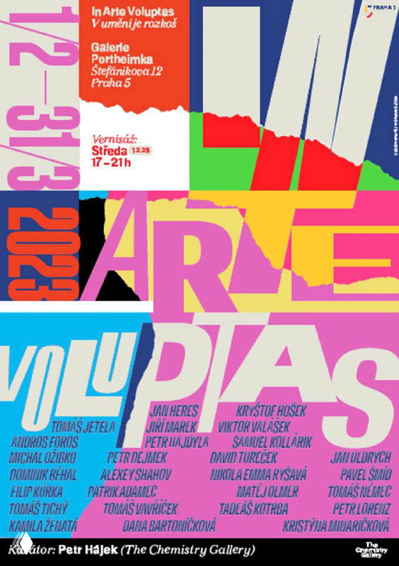 Яркий многоцветный плакат с розово‑голубыми блоками, насыщенной типографикой и множеством информационных слоёв; эстетика современного графического дизайна Праги.