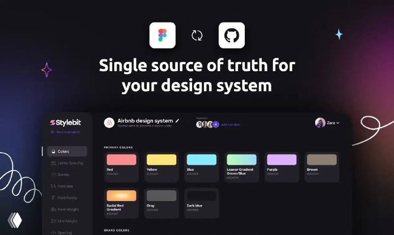 Скриншот интерфейса Stylebit: тёмная тема, панель с карточками палитр и дизайн‑токенов, видны иконки интеграции с Figma и опции экспорта в Tailwind/CSS/JSON.