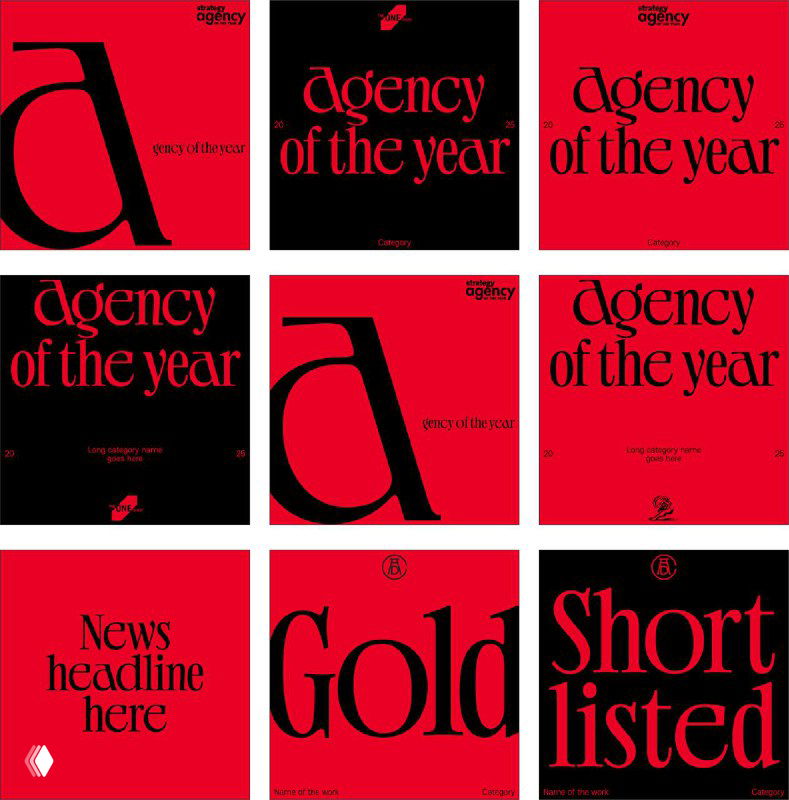 Коллаж из девяти квадратных кадров с красным и черным фоном и контрастной кастомной типографикой в системе айдентики Publicis.