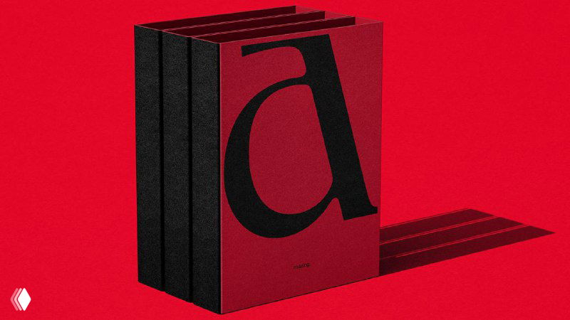 Набор переплетенных книжных блоков на красном фоне с крупной черной буквой «a» — акцентный графический элемент айдентики Publicis.