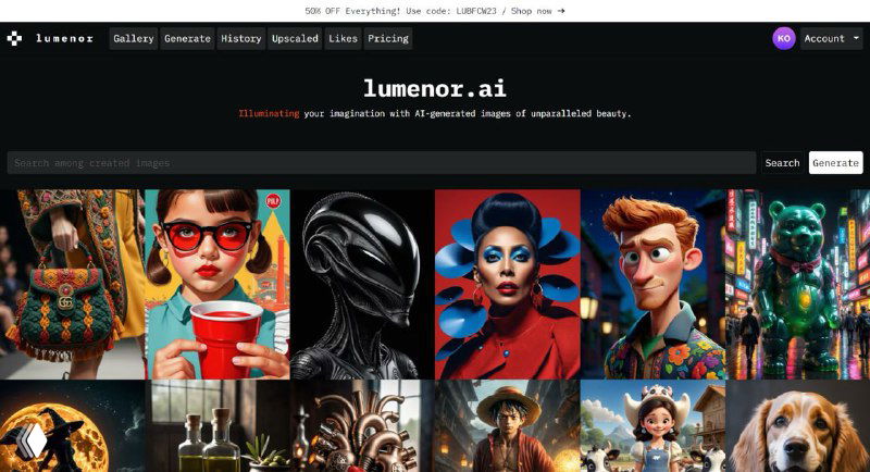 Скриншот Lumenor.ai: сетка превью сгенерированных изображений нейросетью, заголовок сайта и элементы интерфейса.
